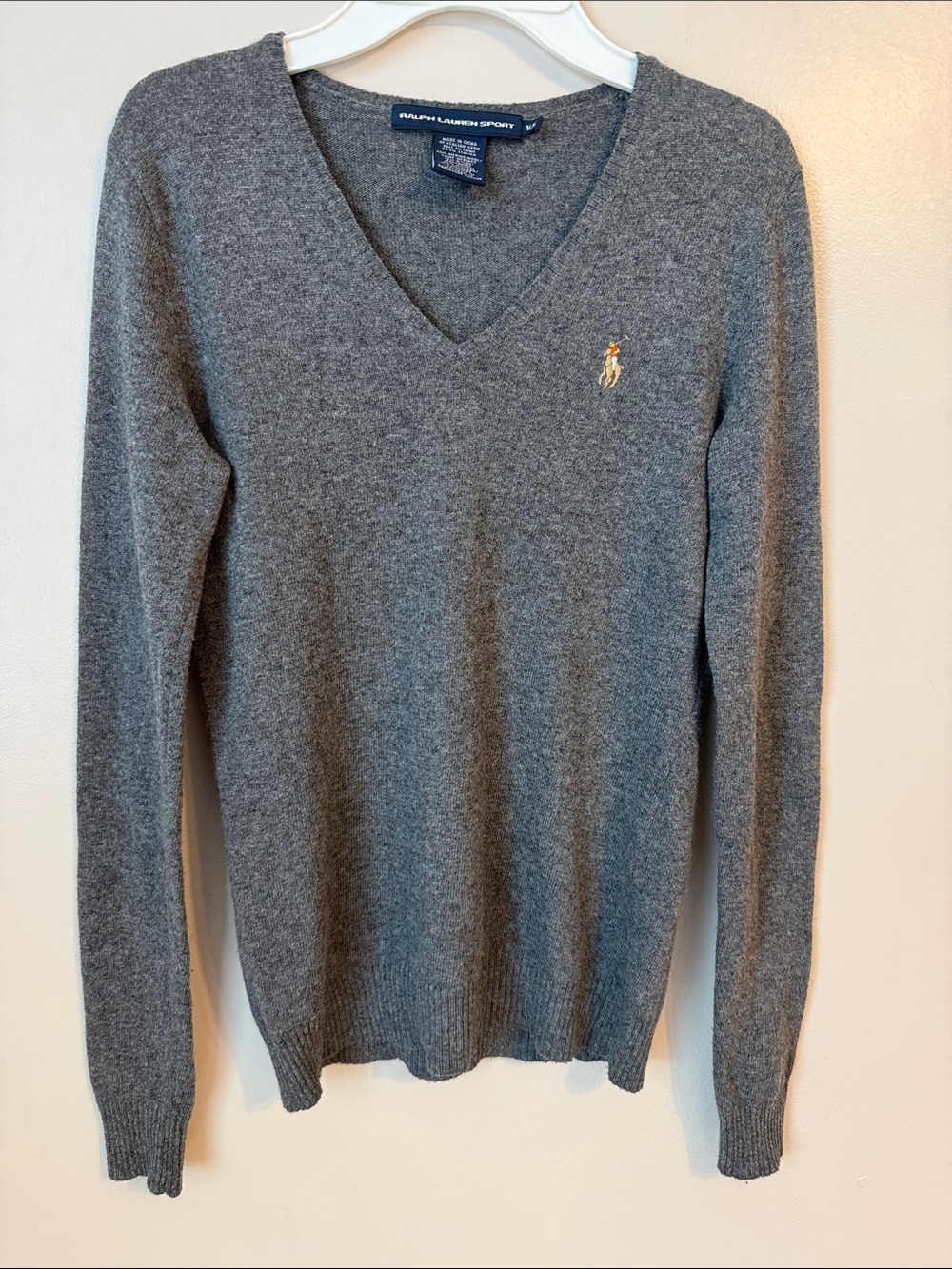 Ralph Lauren Sport Women's Cashmere Merino Wool Blend Sweater V Neck Pony Medium